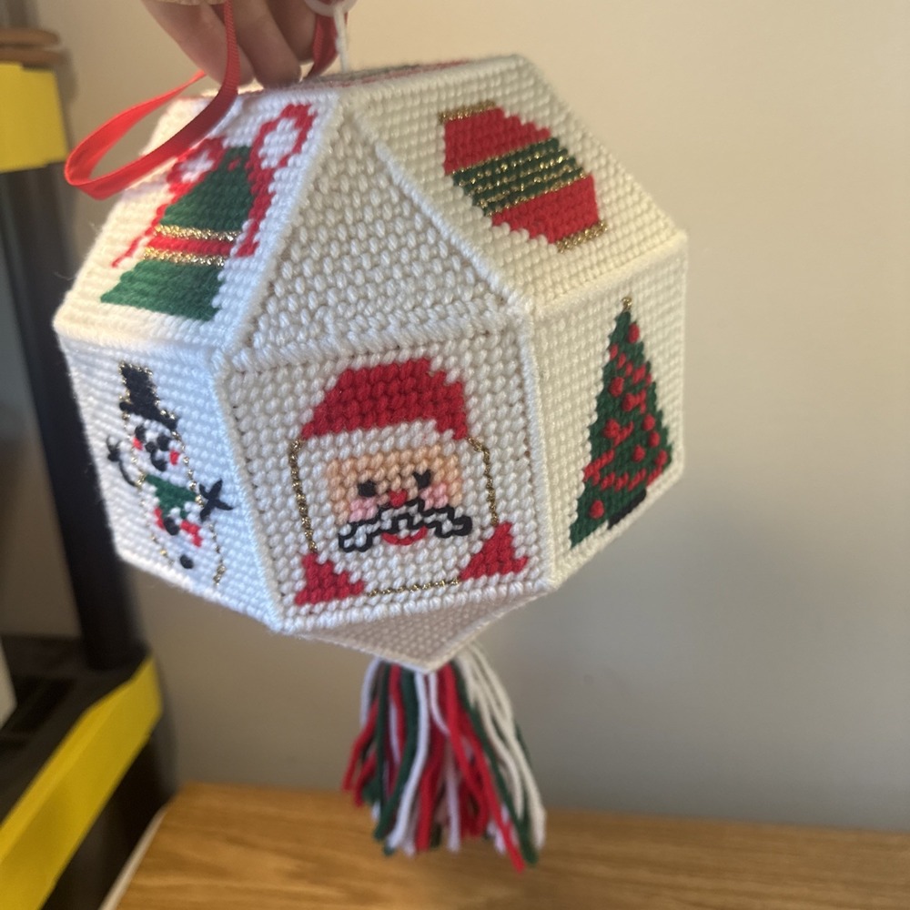 Vtg LARGE 3D Needlepoint Joy Xmas Ball Ornament Hanging Door Display